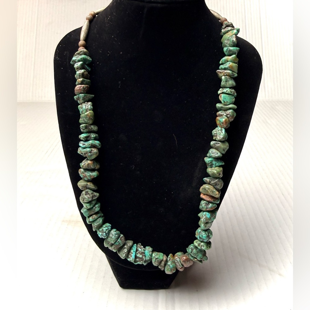 Vintage Natural Turquoise Nugget & Metal Beaded Necklace Native American Tribal
